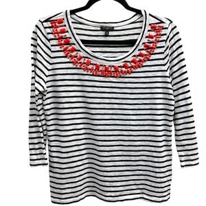 Talbots  Petites Women's‎ Size MP Stripped Beaded 3/4 Sleeve 100% Cotton Top
